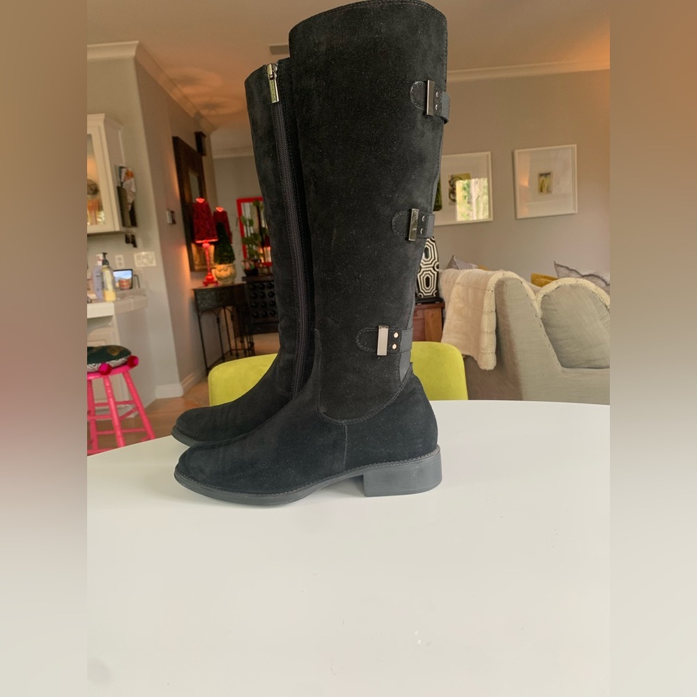 Aquatalia Black Suede Unicorn Riding Boots With Three Elastic Straps In the Back